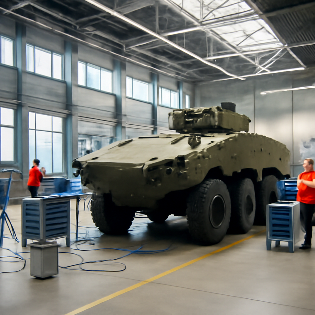 Technicians in safety gear work around a combat vehicle in a bright, modern industrial facility.