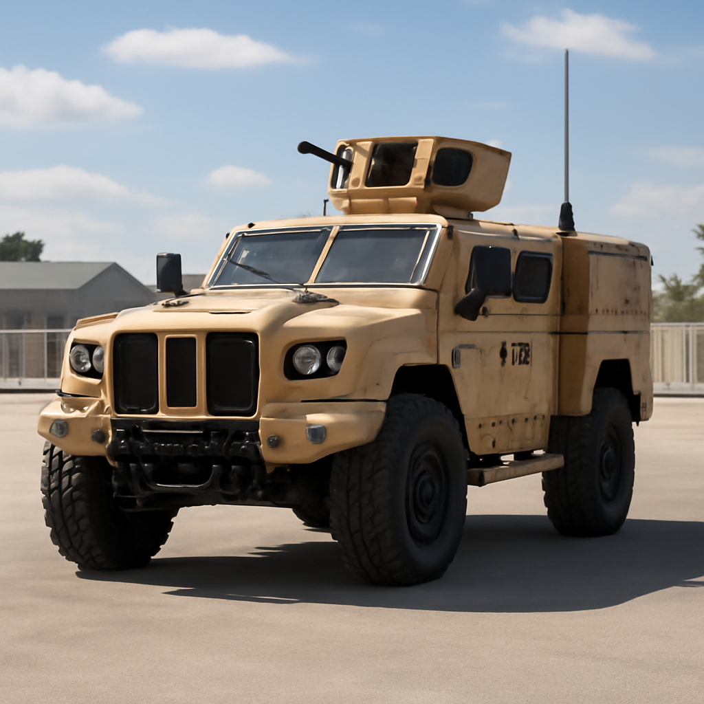 JLTV vehicle on a paved road with industrial background, showcasing ruggedness and mobility.
