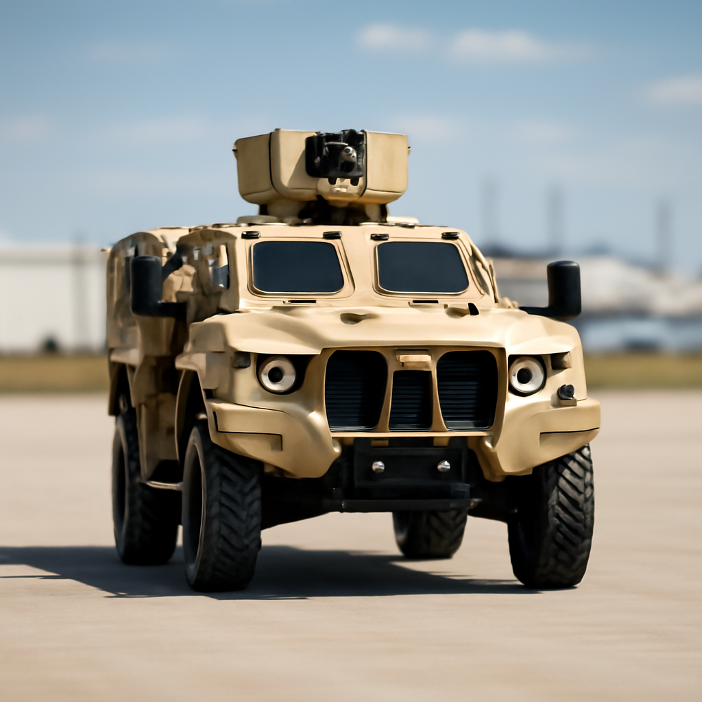 Military JLTV vehicle on open terrain with industrial facilities in background.