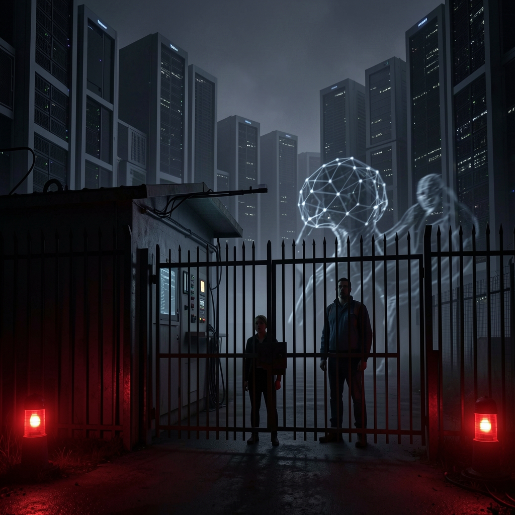 Locked industrial gate surrounds dark control room with flickering red alarm lights, set against a cityscape backdrop.
