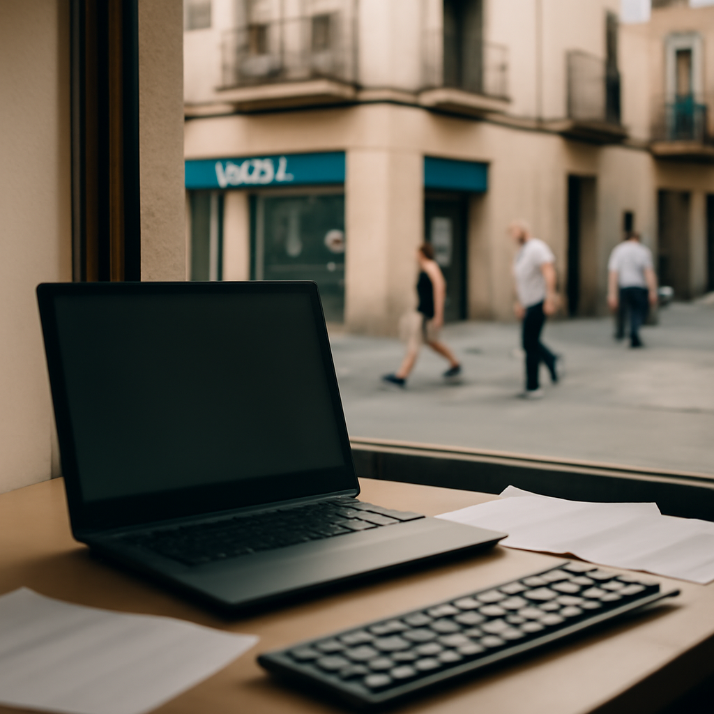 Southern European city street with a blurred laptop on a desk in a small business district.