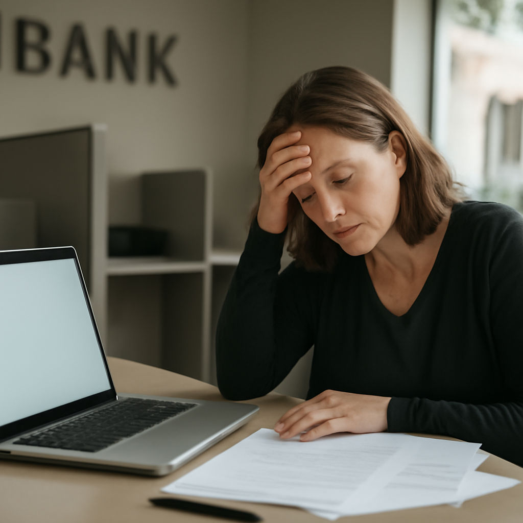 Person working on laptop at bank desk with papers, surrounded by calm environment and natural daylight.