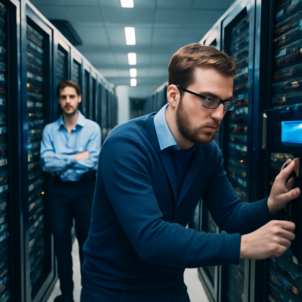 Technicians in a brightly-lit server room inspect rows of computer servers with blinking lights, showing concern.