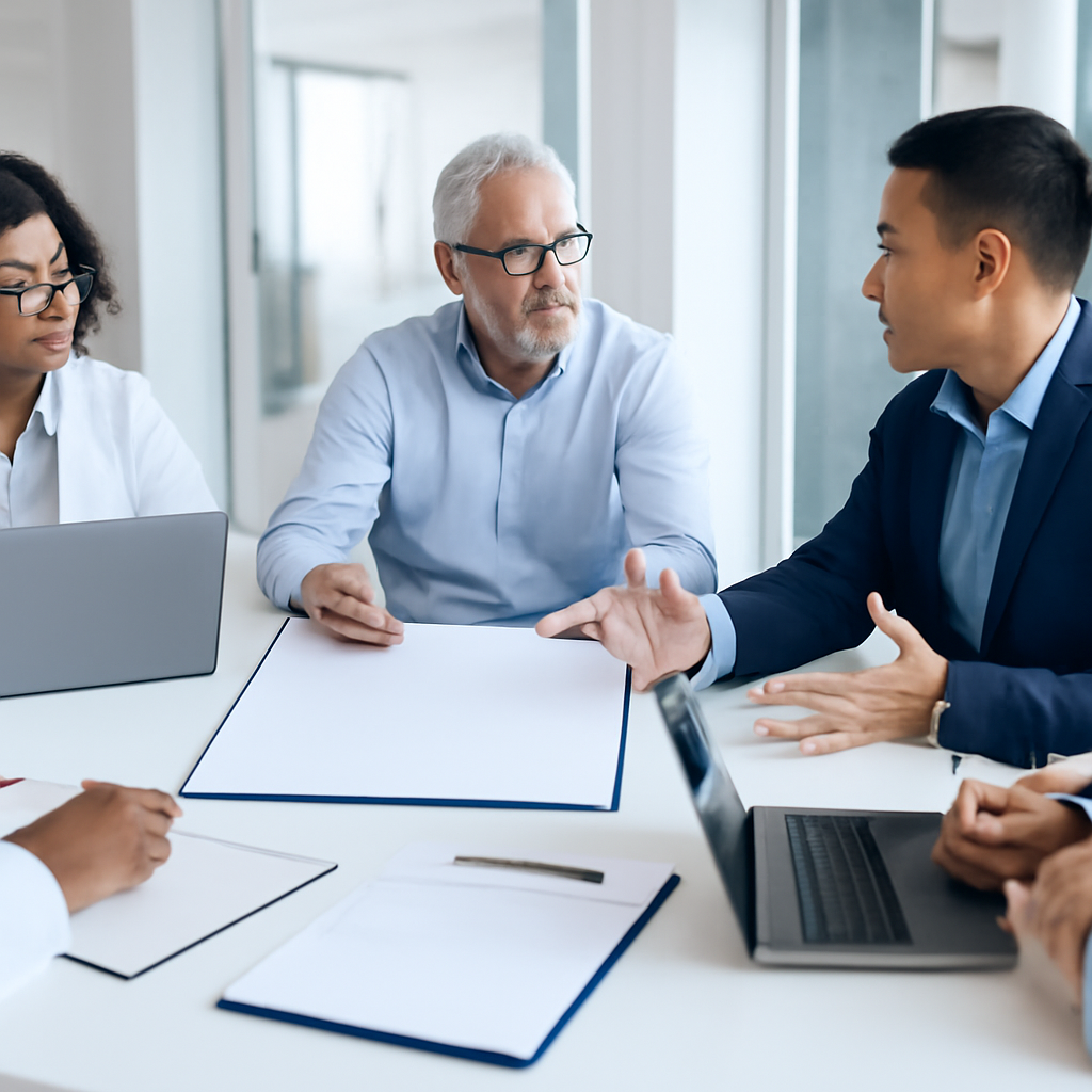 Diverse experts in research and cybersecurity discuss and collaborate around a large table.