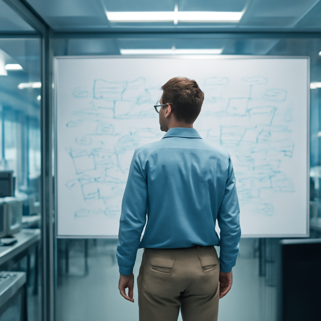 Researcher standing in front of computer screen with abstract notes in a modern lab setting.