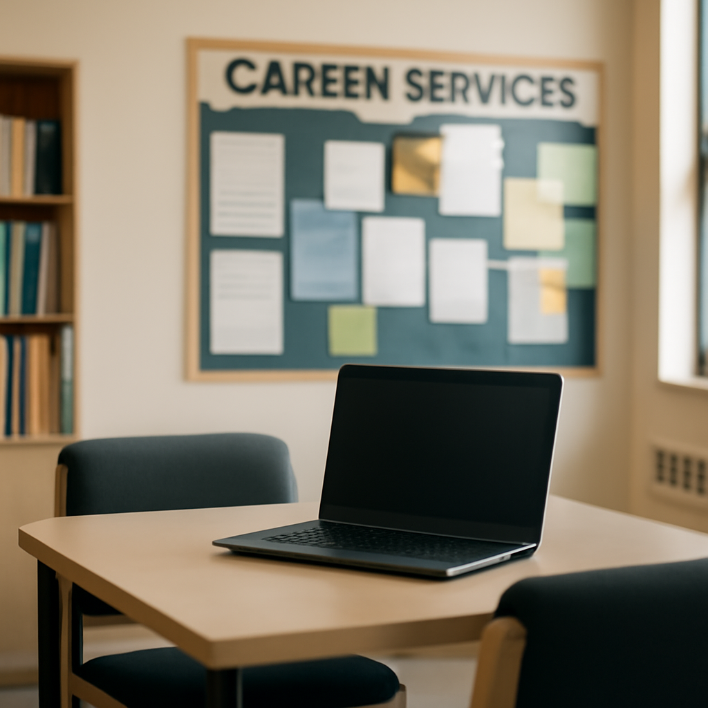 University office with computer on desk, blurred to highlight background.