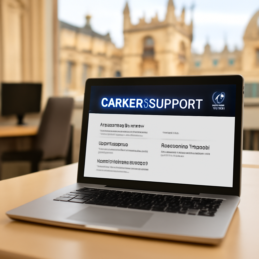 Laptop screen displays university career website on desk with subtle Oxford University background.
