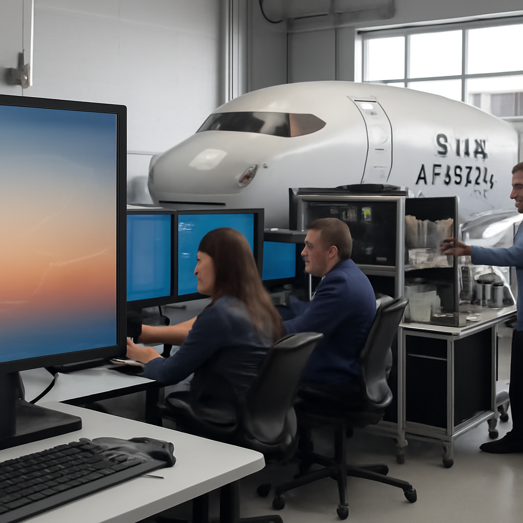 Laboratory setting with console stations, screens, and testing equipment, featuring a P-8A Poseidon simulator in the…