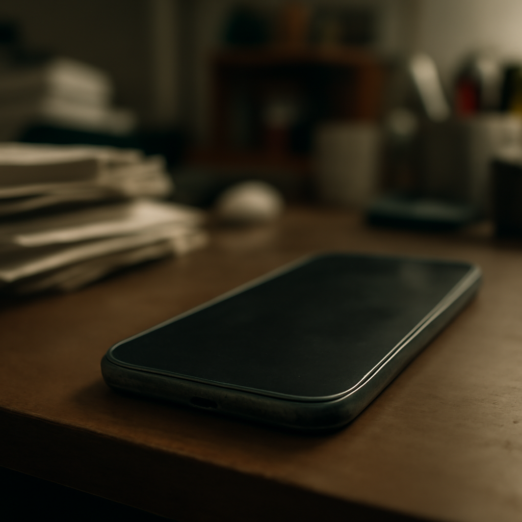 A worn smartphone lies on a cluttered home office desk with a blank screen.
