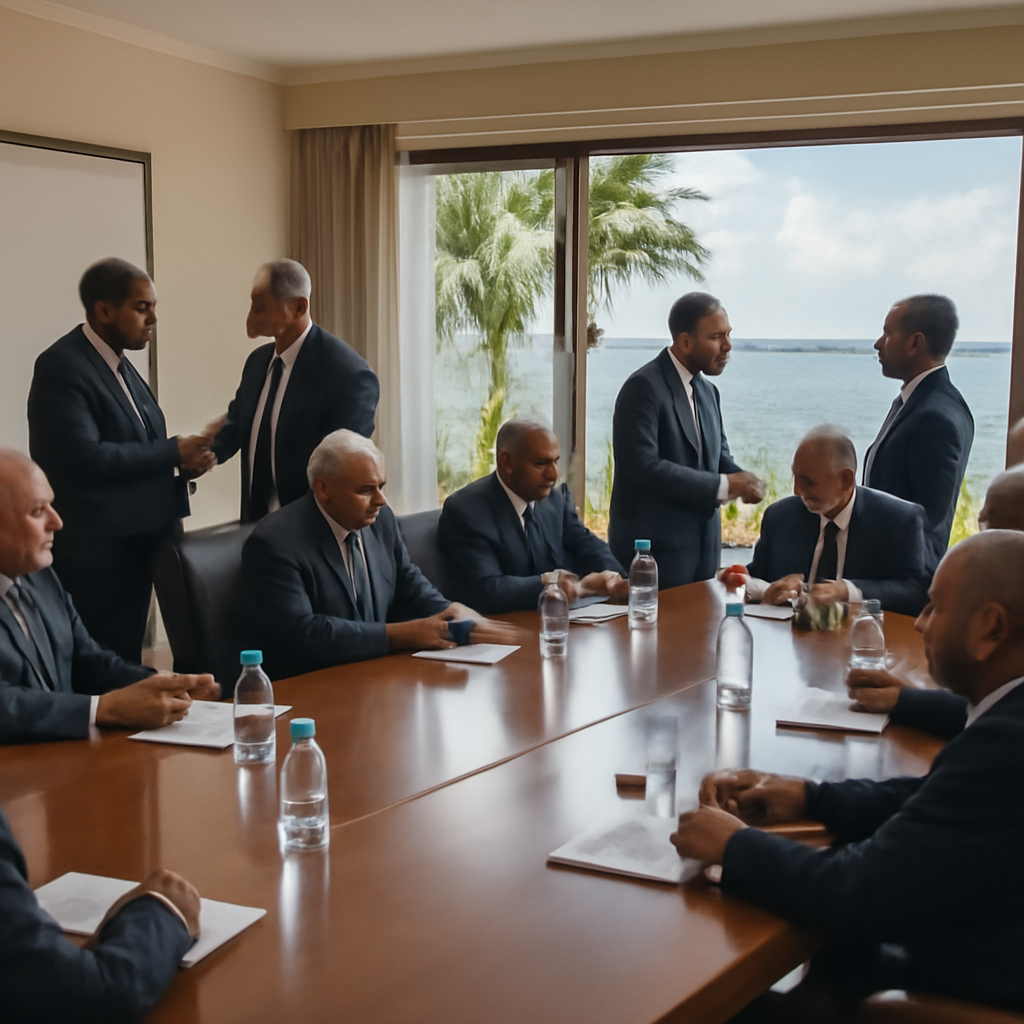 Pacific Island leaders in formal attire seated around a large table with a scenic view of the islands in the background.