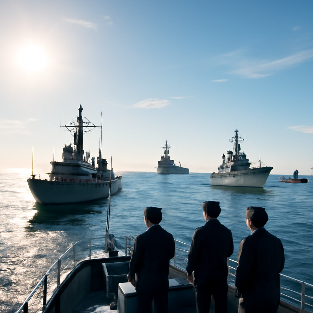 Naval fleet gathers in open ocean with warships, submarines, and a patrol vessel approaching.