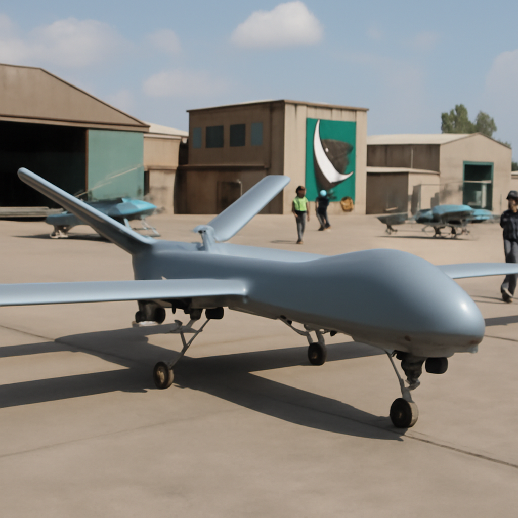 Pakistani military drones on a tarmac surrounded by hangars and support buildings.