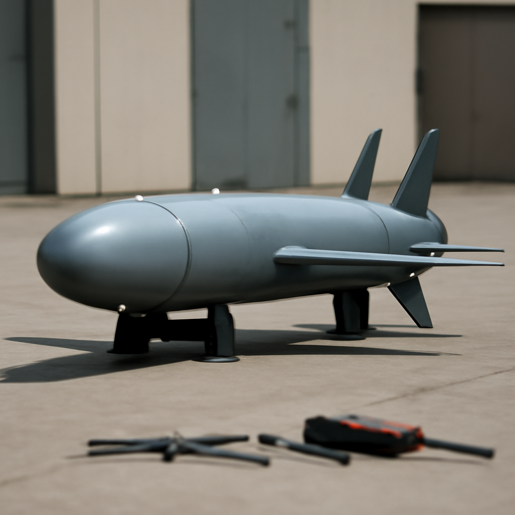 Low-cost cruise missile displayed on a metal surface with neutral background.