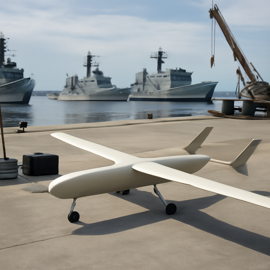 Naval dockyard with modern vessels and a loitering munition on a maintenance surface.