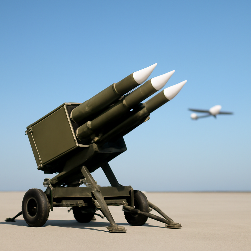 Portable missile launch system on a neutral surface with a clear background.