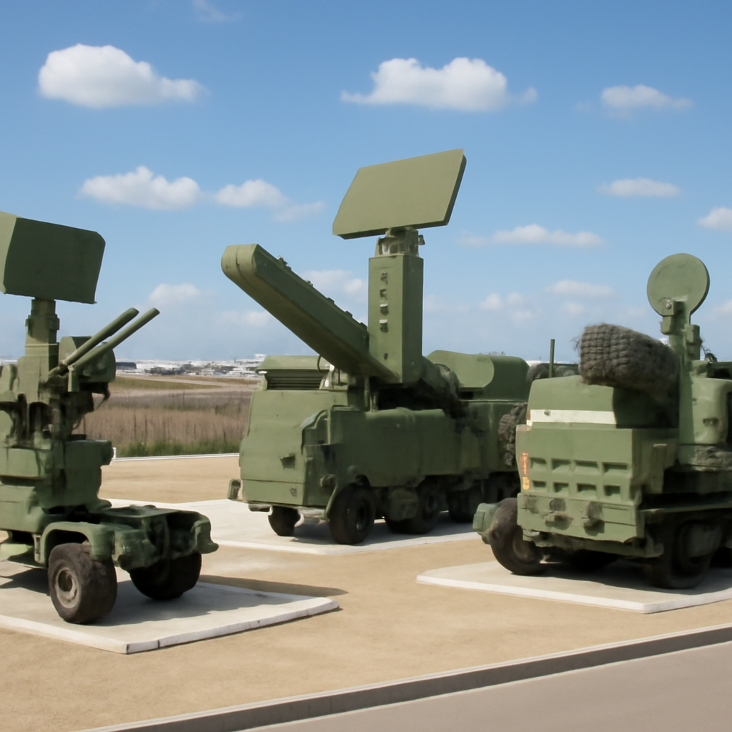 Military airbase with short-range air defense systems on display.