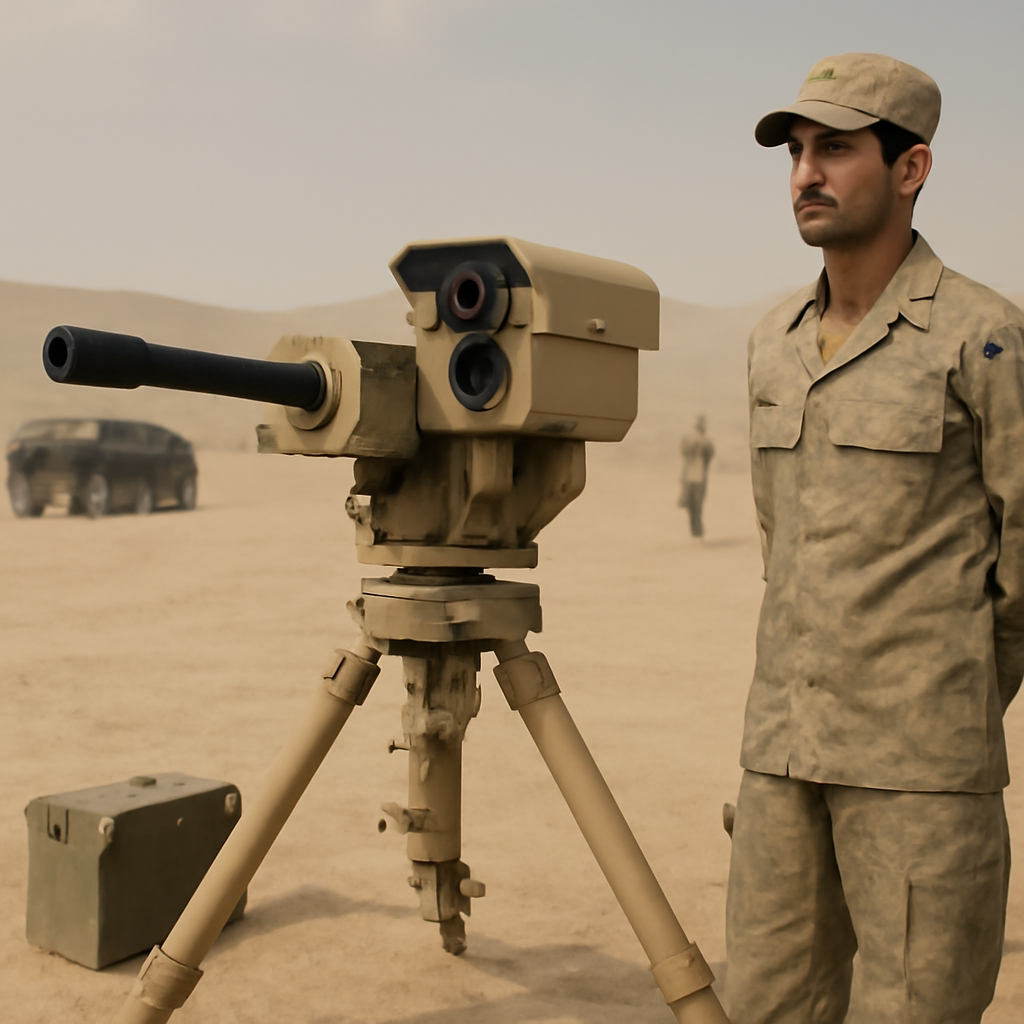 Pakistani Air Force personnel stands beside ASELSAN ŞAHİN counter-drone system in desert landscape.