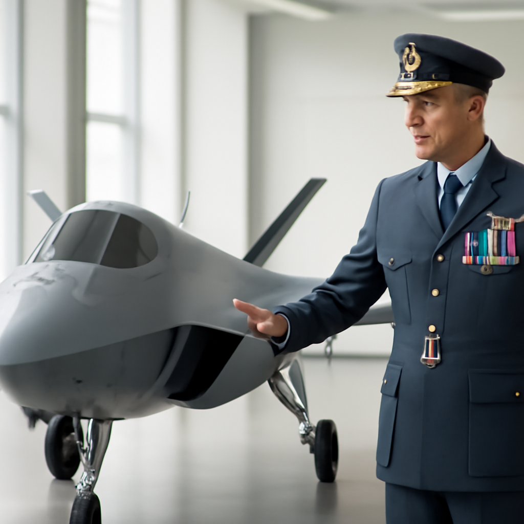 Air Chief Marshal stands beside a sleek, jet-powered stealth drone in a modern facility.