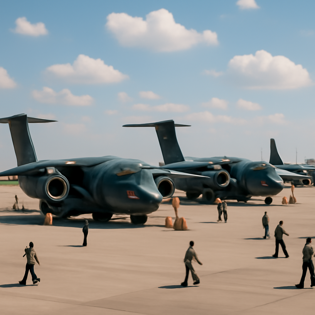 Military transport aircraft, including Embraer C-390s and a C-130H Hercules, parked on a tarmac with personnel working…