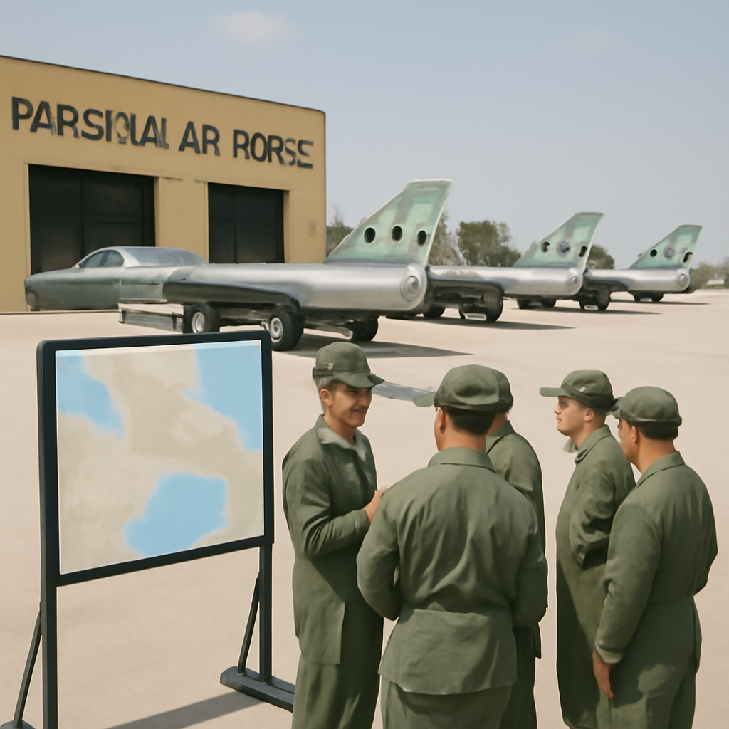Military personnel in uniform gather near a briefing area at a Pakistan Air Force base with F-16 fighter jets in the…