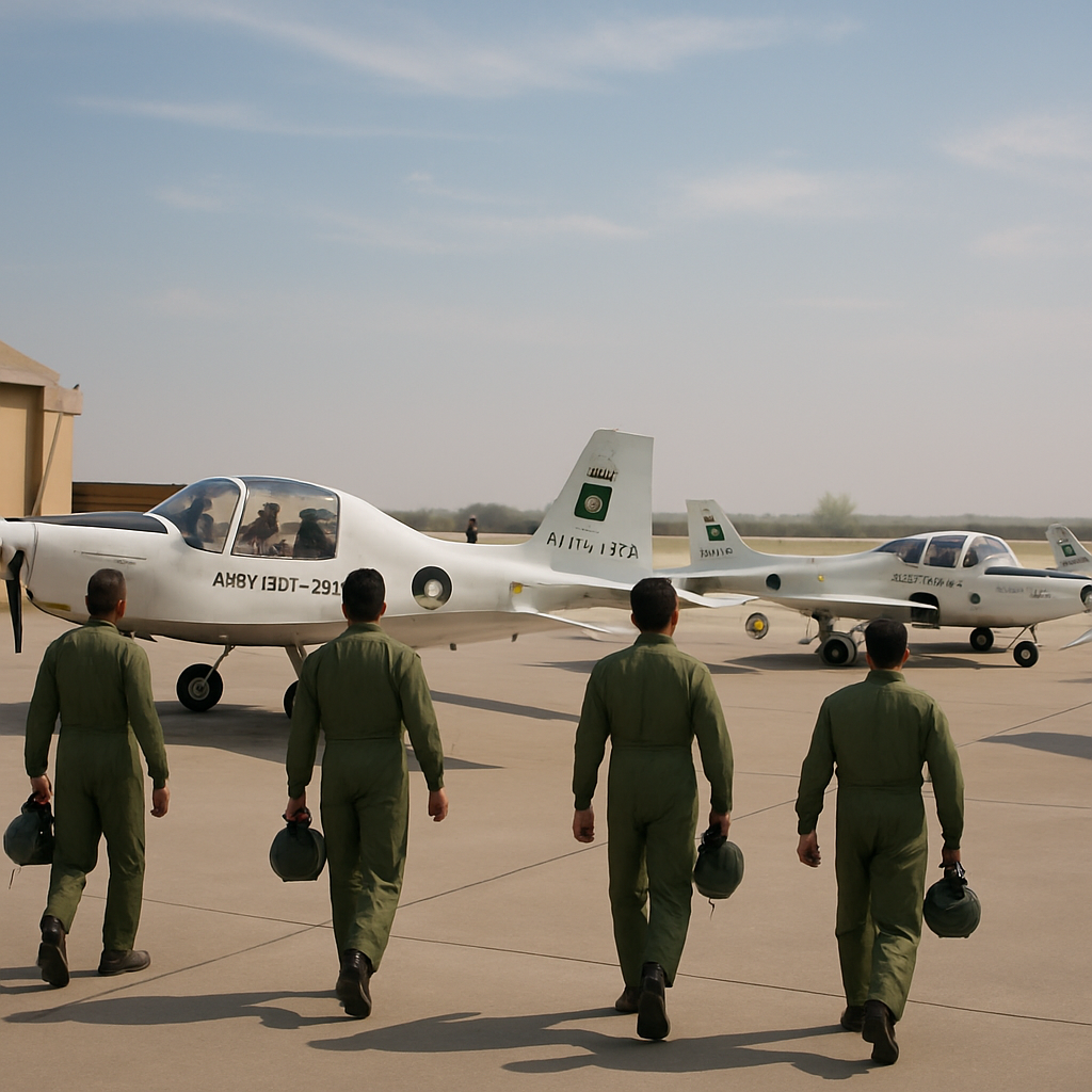 Pakistan Air Force pilots walk towards aircraft on tarmac at a training base.