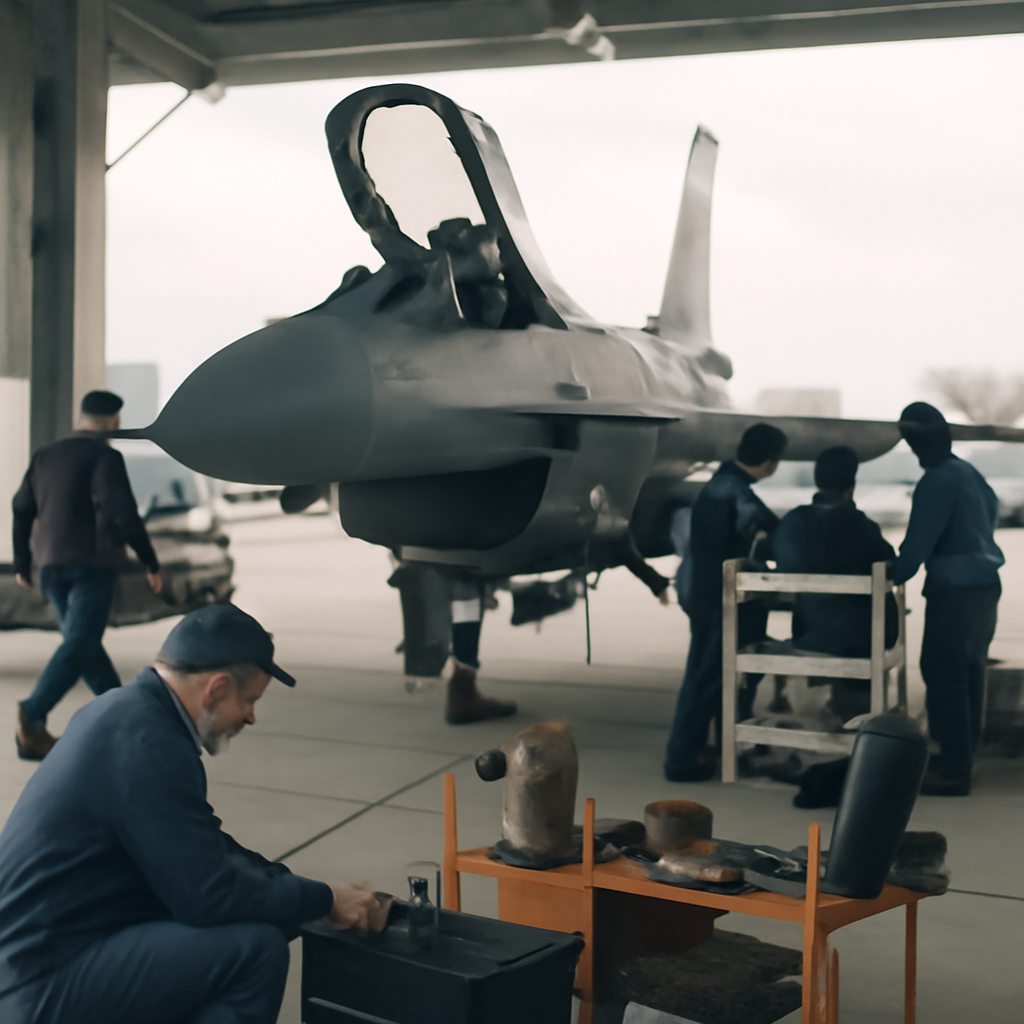 Military aircraft on a runway with engineers and equipment in the background.