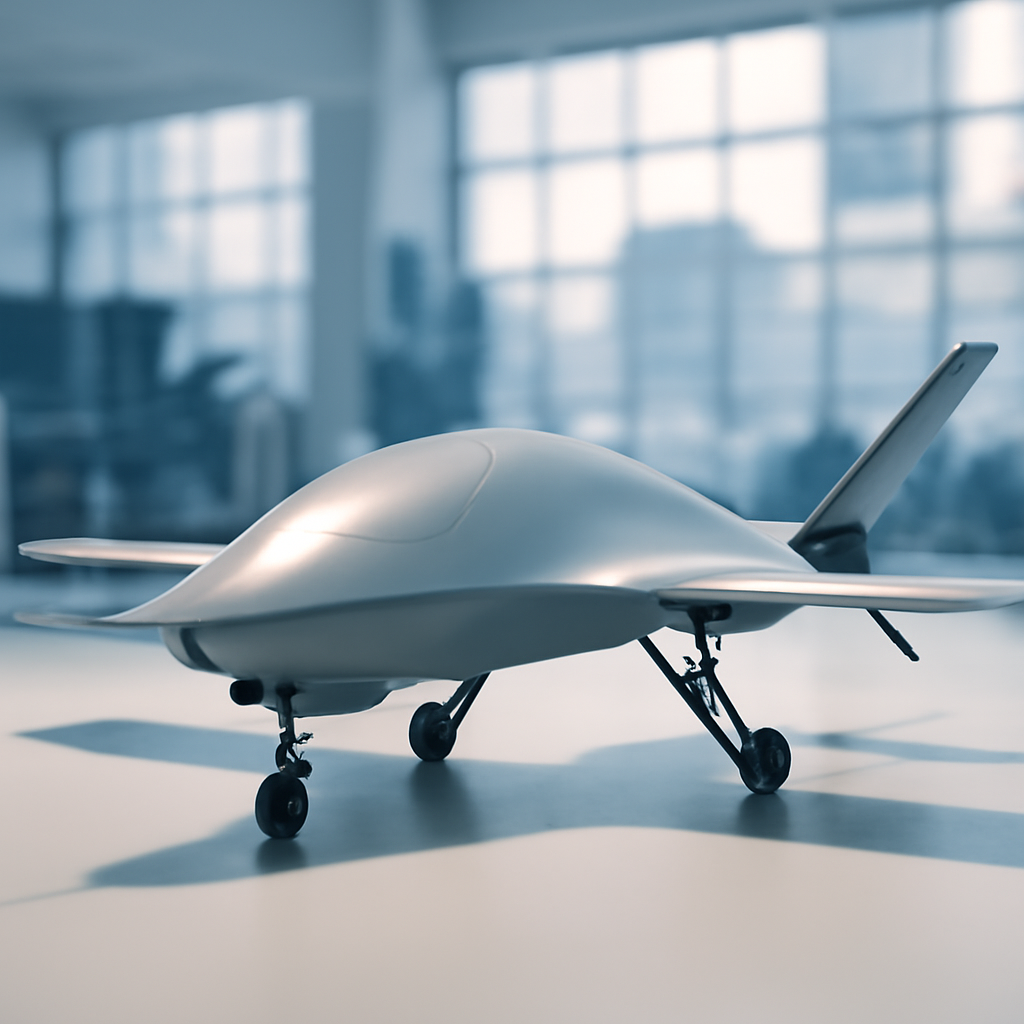 Futuristic unmanned aerial vehicle displayed in a modern research facility.