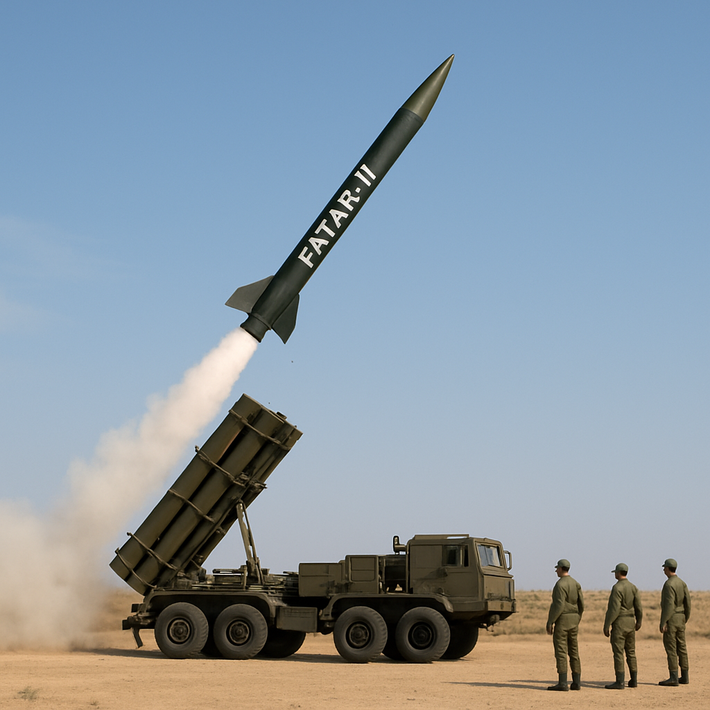 Military personnel stand near a Fatah-II missile launcher in a desert landscape.