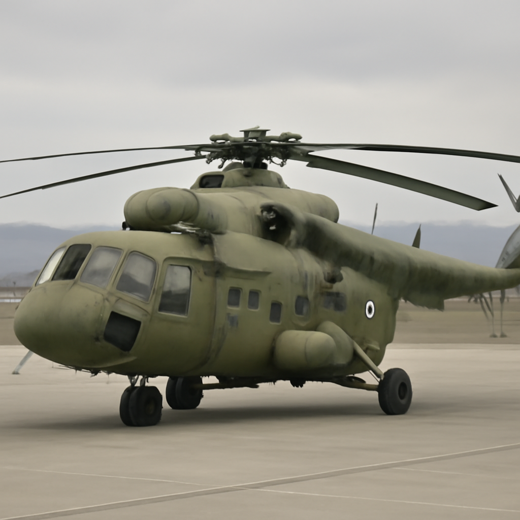 Pakistan Army Aviation Corps helicopter sits grounded on a helipad amidst a simple landscape.