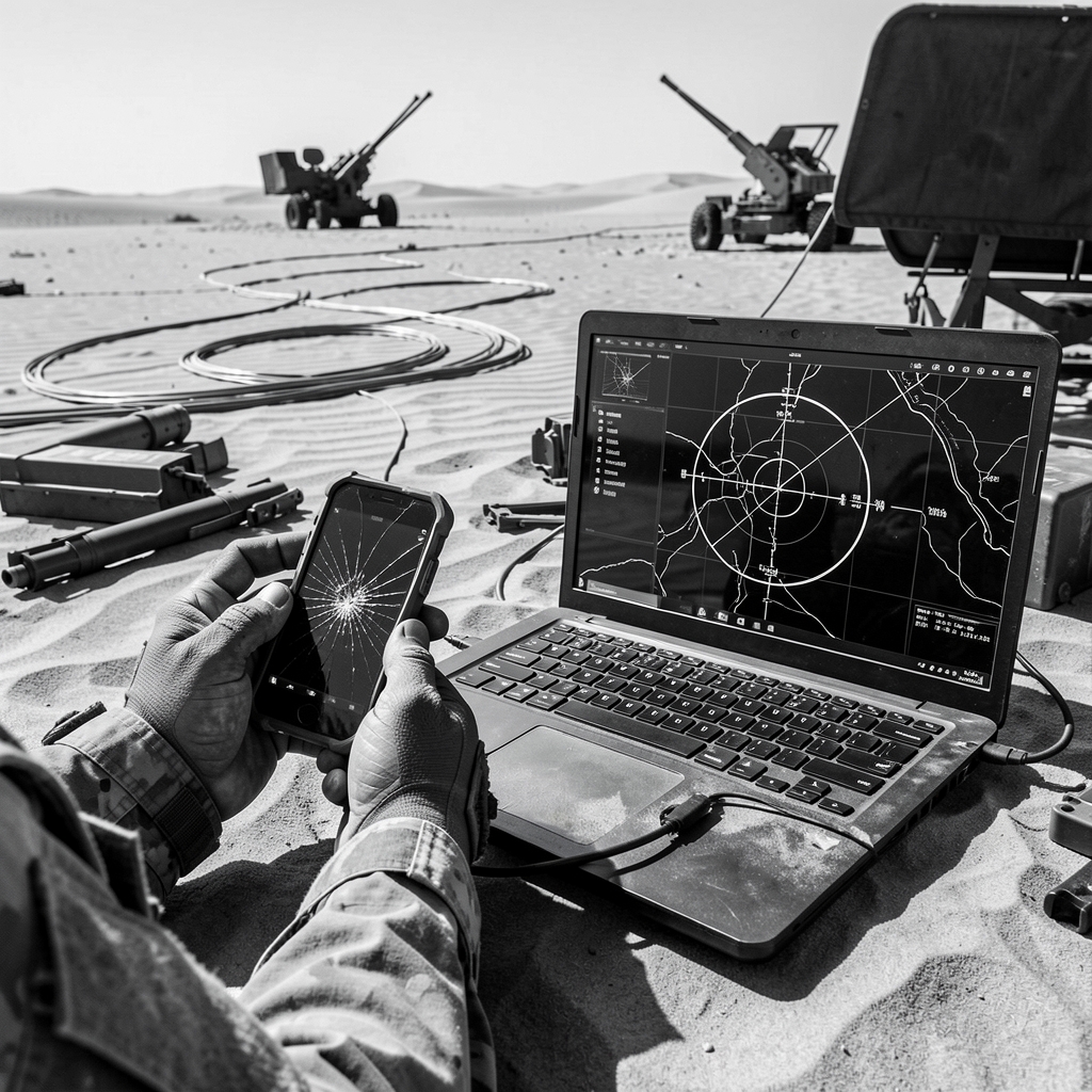 Soldier in desert landscape using rugged smartphone and laptop to target artillery piece.