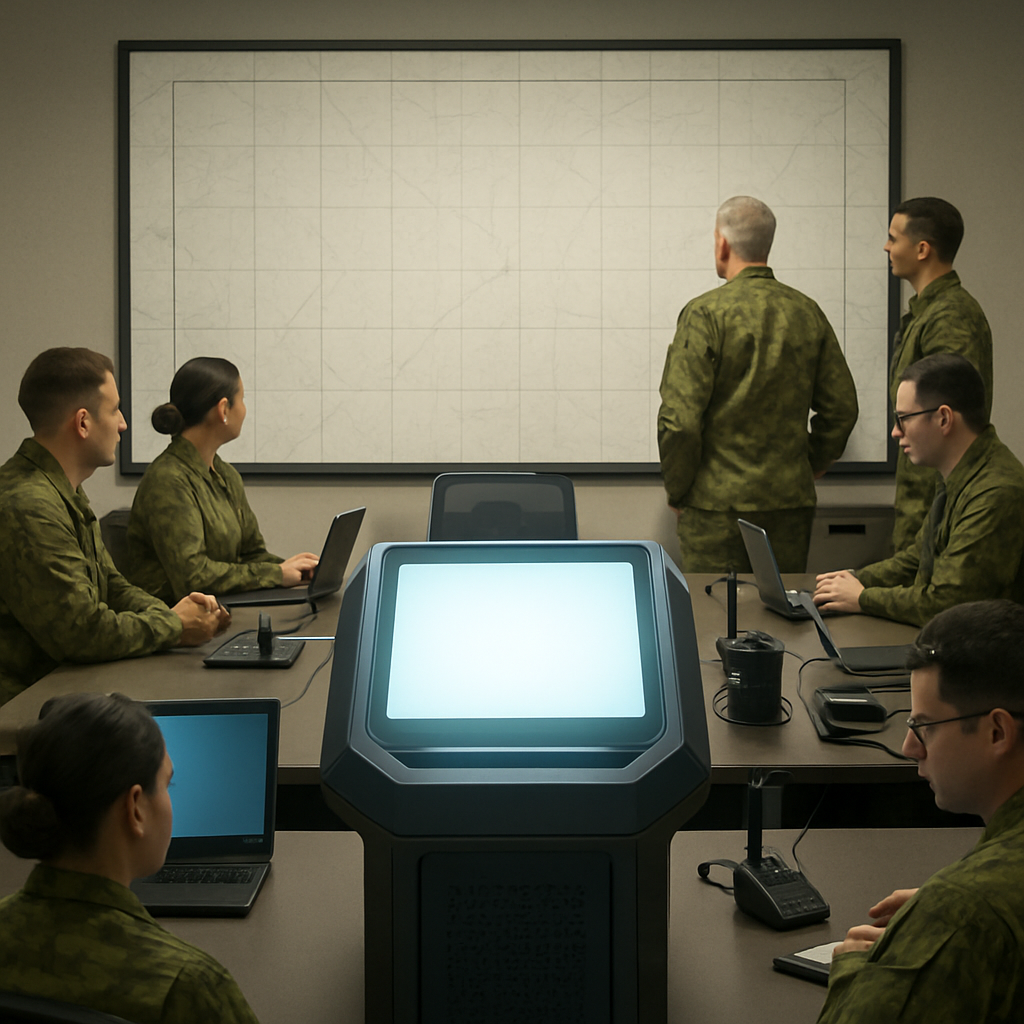 Military officers and technicians gather around a large blank tactical map in a briefing room.
