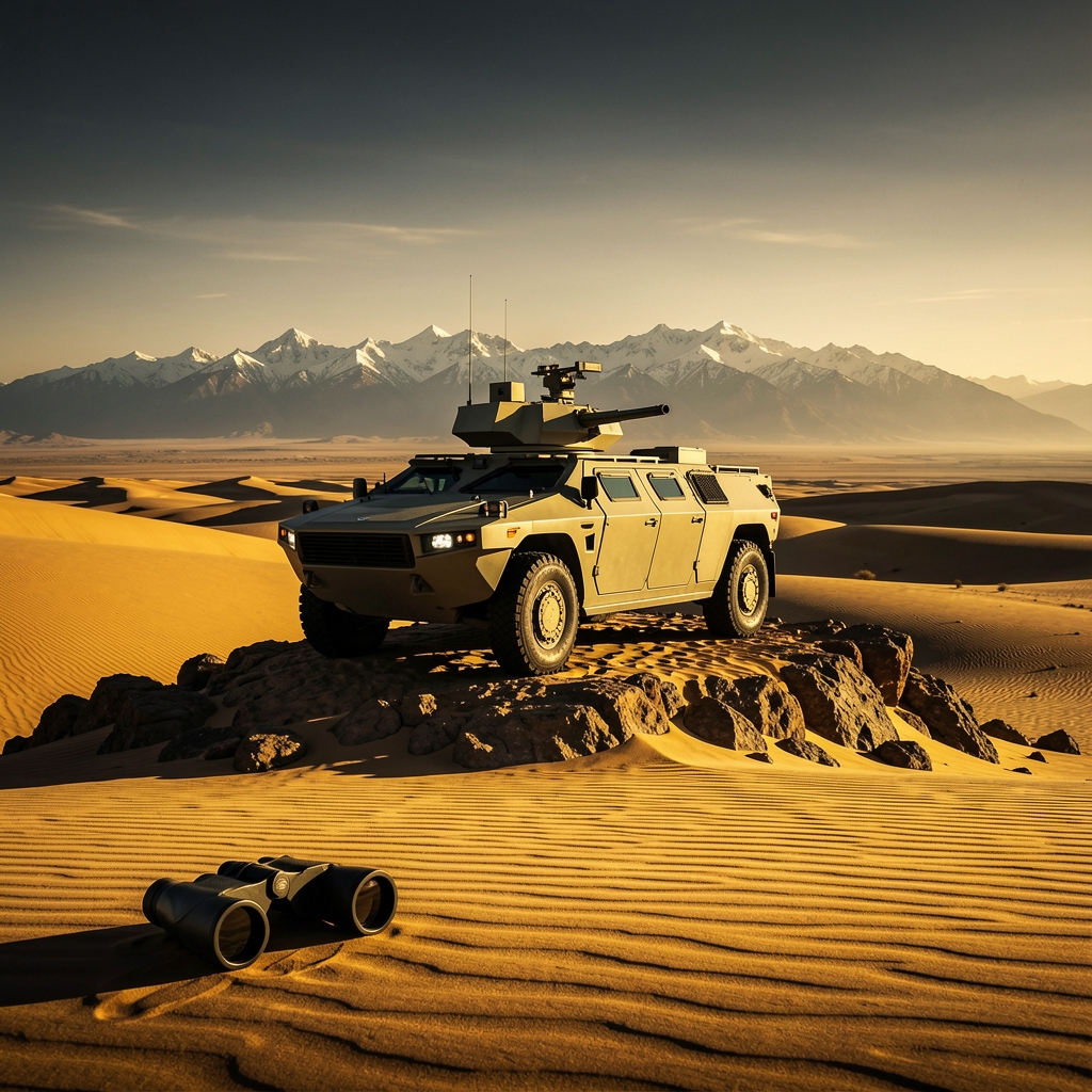 Modern light armoured vehicle on rocky outcropping in desert landscape with long shadows.
