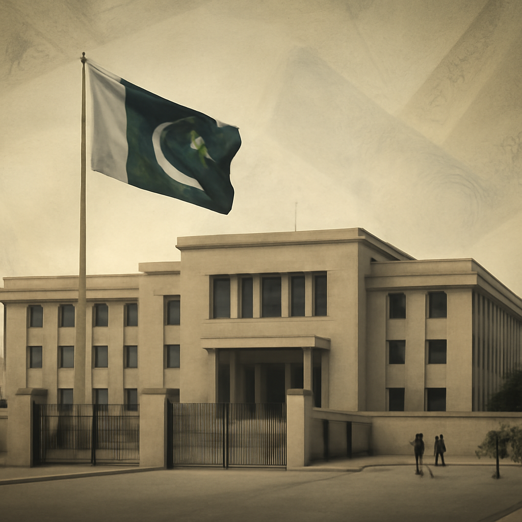 Government building in Pakistan with subtle currency hints in background.