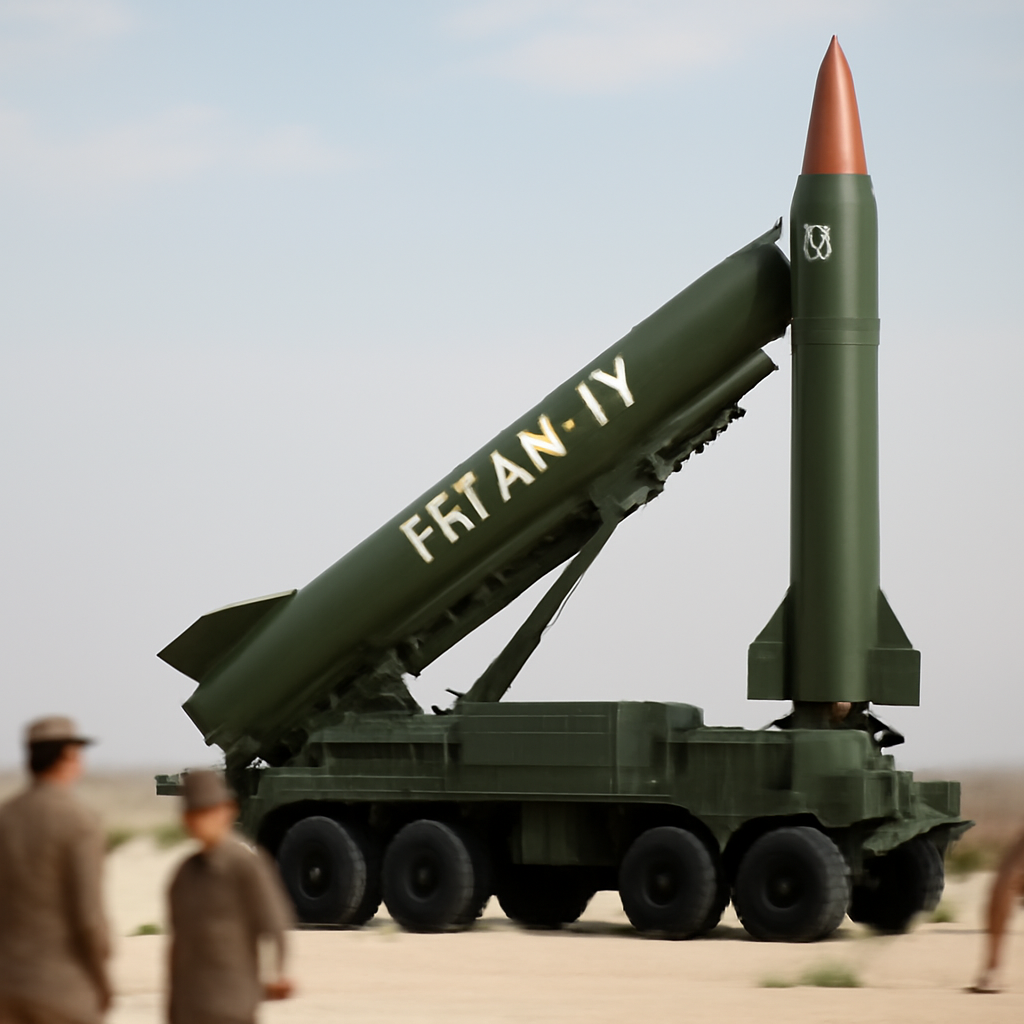 Pakistani military personnel stand near an extended-range Fatah-IV missile on a launcher at a desert testing facility.