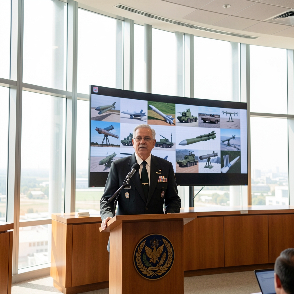 Lieutenant General Ahmed Sharif Chaudhry stands at a podium with a large screen behind him displaying military equipment…