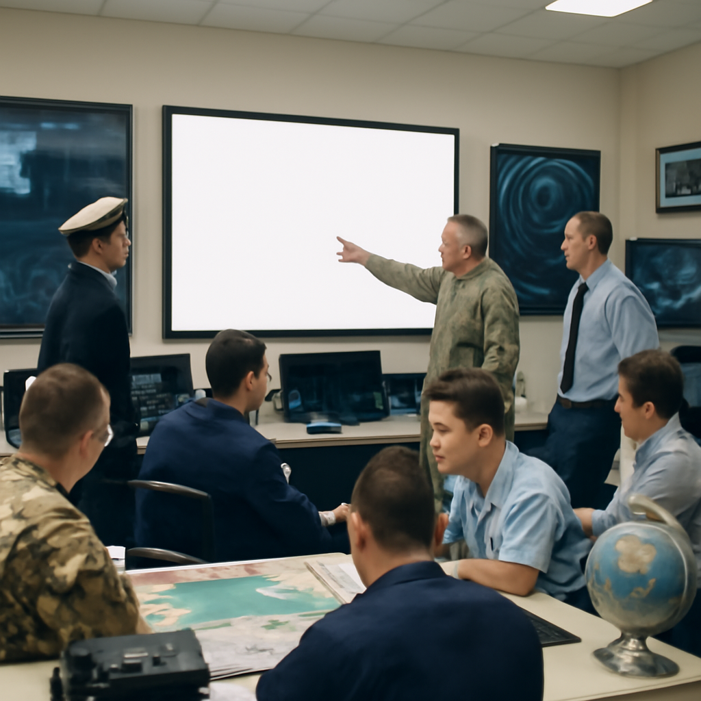 Military officers from different branches gather in a brightly-lit command center.