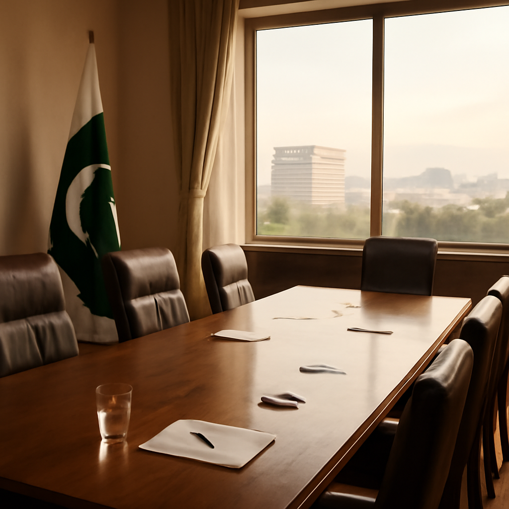 Formal meeting room with wooden table, chairs, and soft daylight from a tall window.