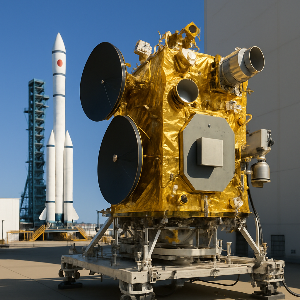 Satellite on a launchpad with technical equipment and a rocket in the background.