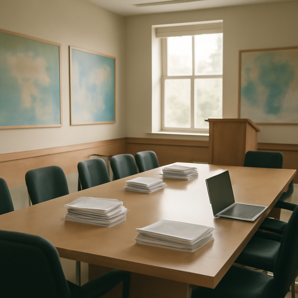 Empty military briefing room with table, podium, and blurred graphics on walls.