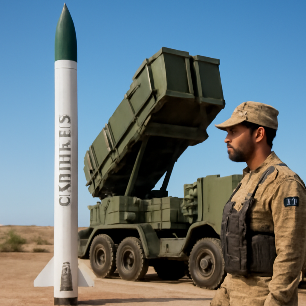 Pakistani military personnel stands beside CAMM-ER missile launcher in desert landscape.
