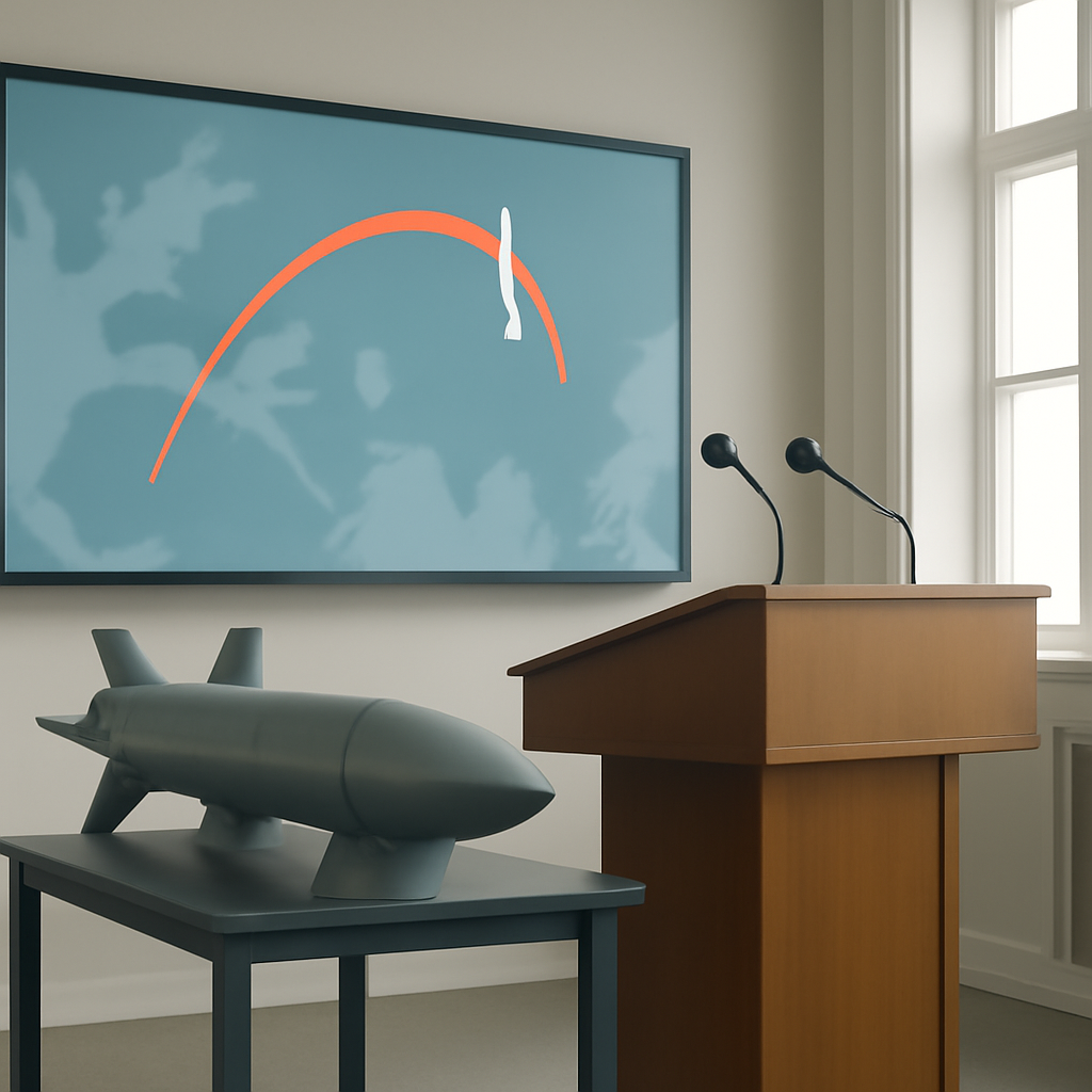 Military briefing room with podium and display screen showing missile trajectory.