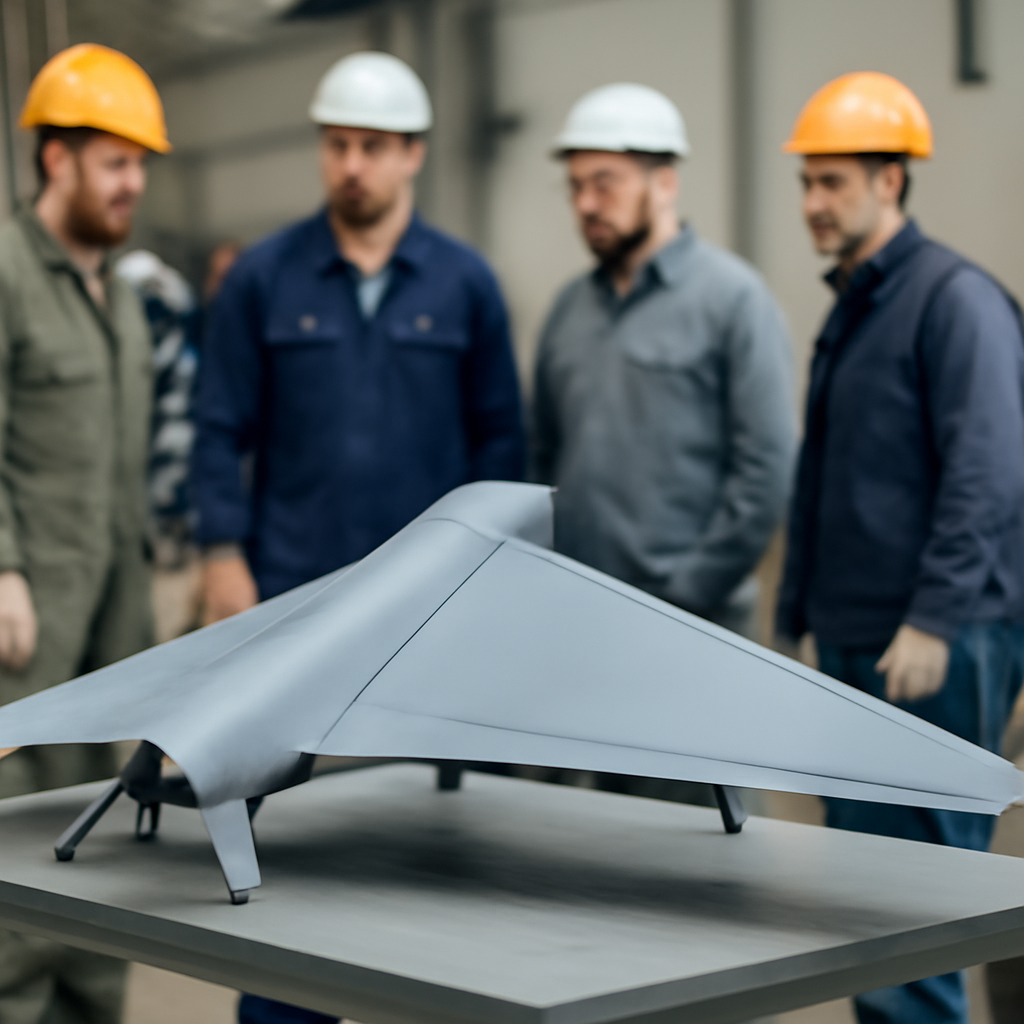 Technicians surround a tailless delta wing loitering munition on a workbench.