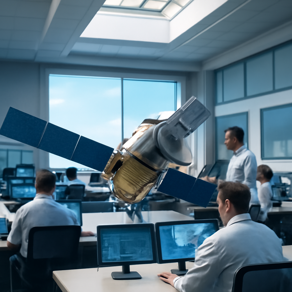 Technicians work at computer stations around a central table displaying a sleek metallic satellite model.
