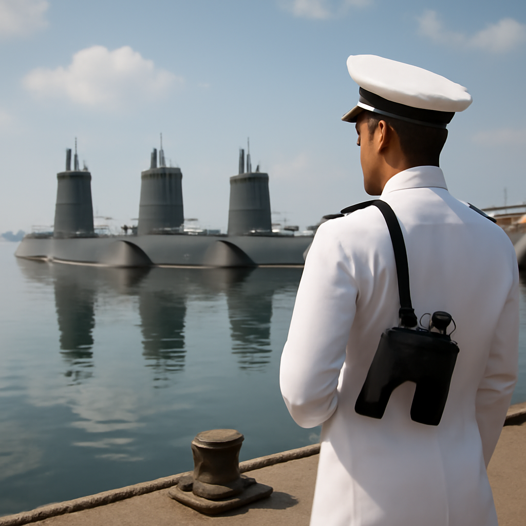 Pakistani naval officer surveys Hangor-class submarines dockside.