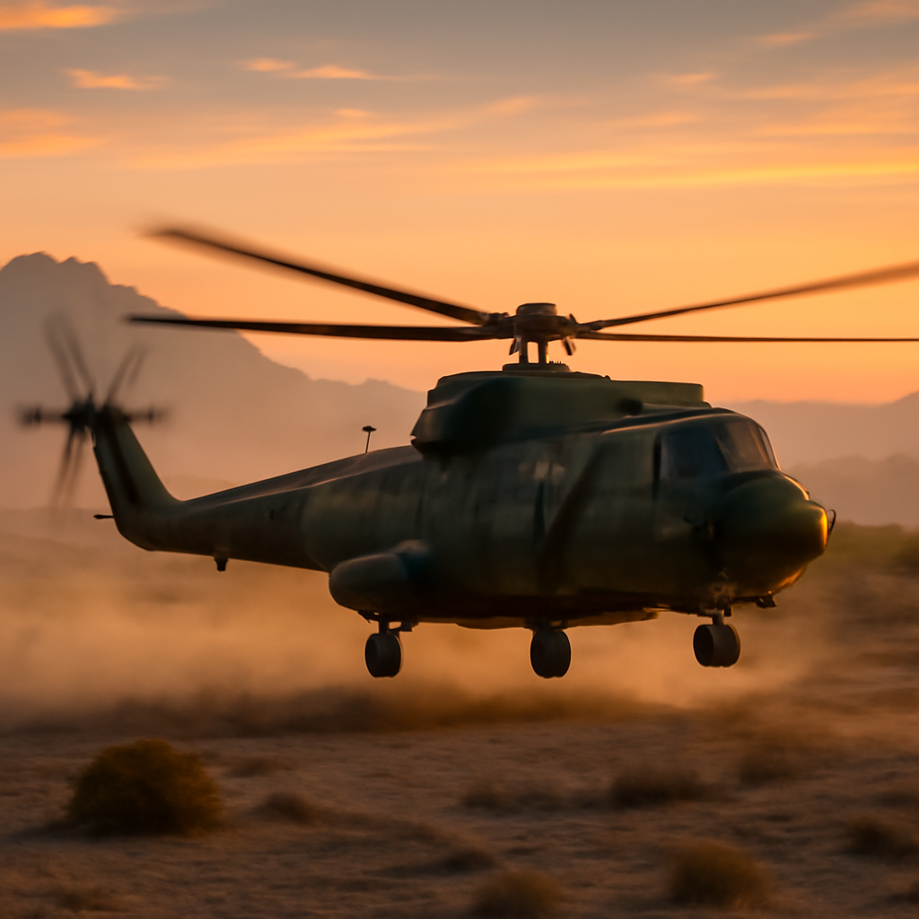 Military helicopter taking off or landing on dusty terrain with rocky outcrops at golden hour.