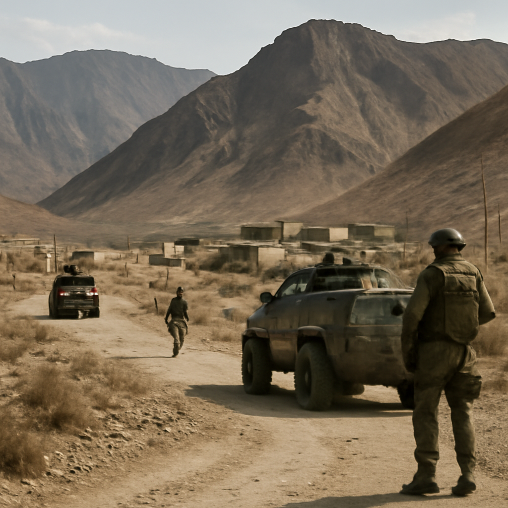 Military vehicles and personnel on a dirt road in a rugged, mountainous border region.
