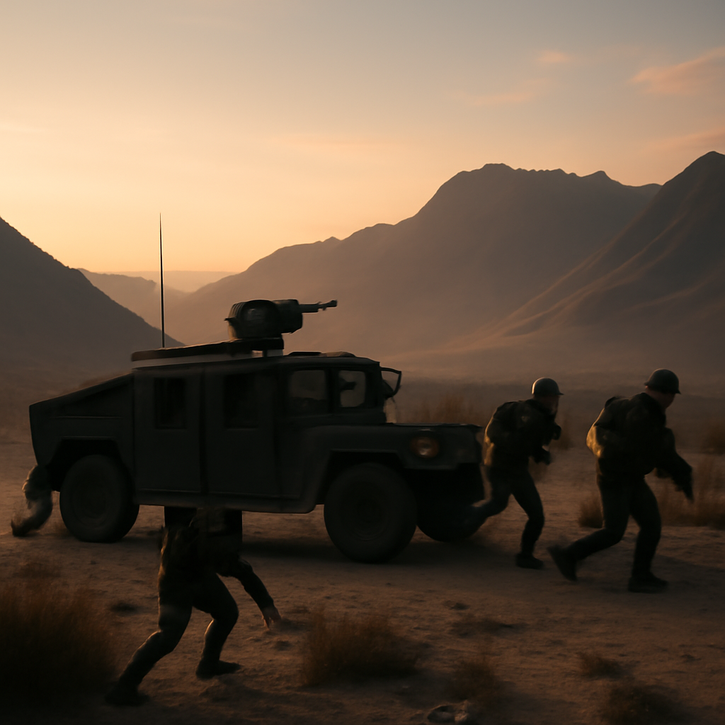 Military vehicle and soldiers in rugged mountainous border landscape at dawn or dusk.