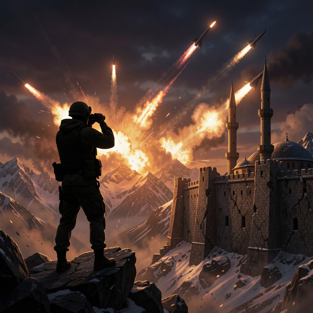 Missiles explode in bursts of flame against snow-capped mountains as a soldier watches from a rocky outcropping.