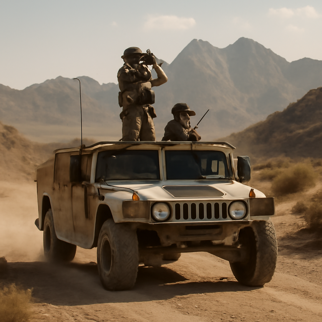 Soldiers on a military vehicle patrol a desert road, scanning the horizon with binoculars and a rifle.