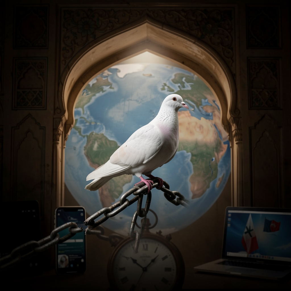 Dove perched on broken chain in Pakistani archway, symbolizing fragile peace and urgency.